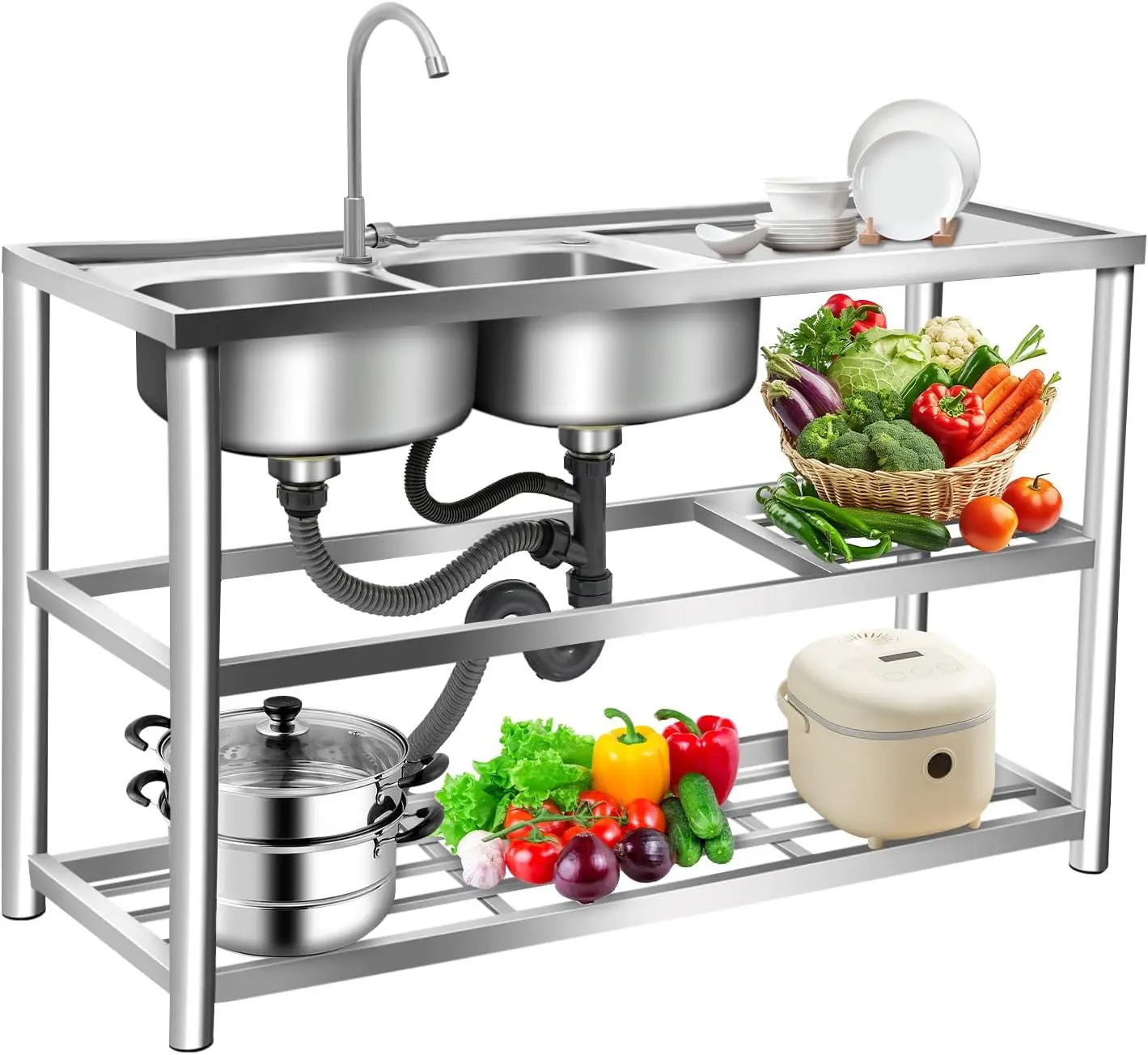 Commercial Kitchen Double Sink - Wastafel Stainless Steel 3 Tingkat, Set